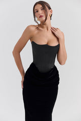 black velvet strapless corset maxi dress