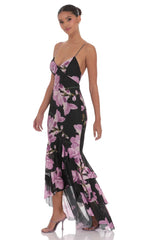 Mesh Floral Ruffle Fishtail Maxi Dress in Black