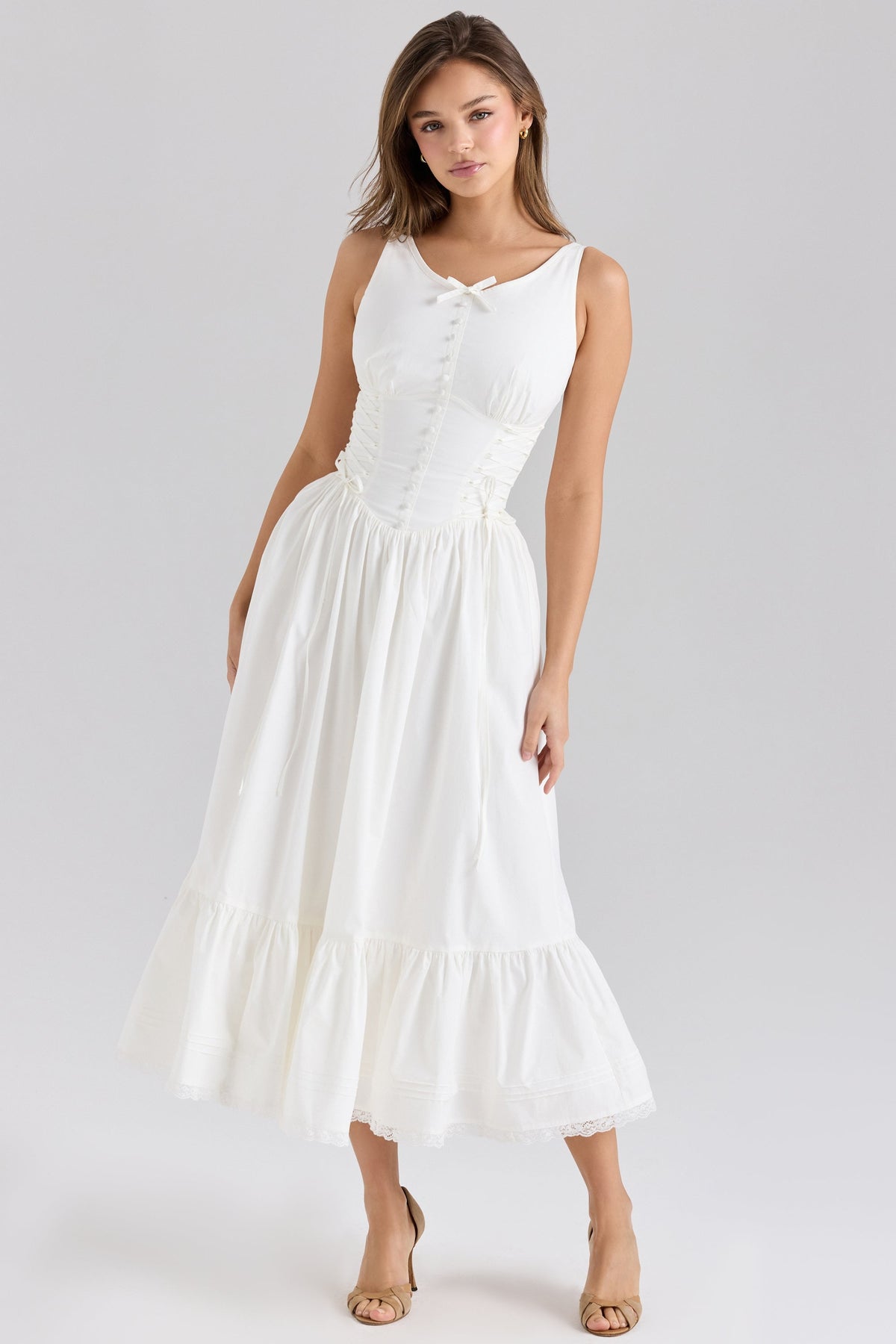 white stretch cotton lace up midi dress