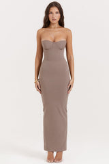 taupe strapless corset maxi dress
