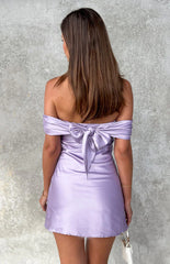 Primrose Purple Satin Off the Shoulder Mini Dress