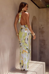 LEXIE LOW PLUNGE HALTER MAXI DRESS - PELICANO MULTI