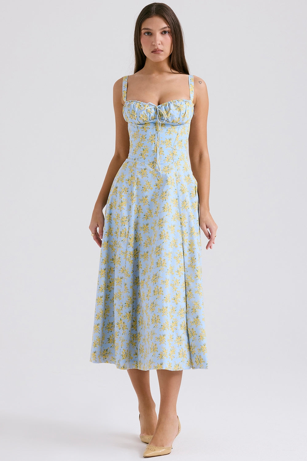 soft blue vintage floral print cotton bustier sundress