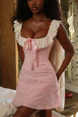 pink gingham cotton ruffle neck mini dress