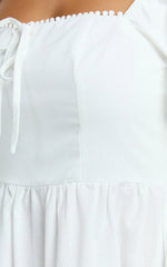 Quinn Midi Linen Blend Dress - Puff Sleeve Square Neck Dress In White