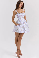 lilac ribbon print cotton mini dress