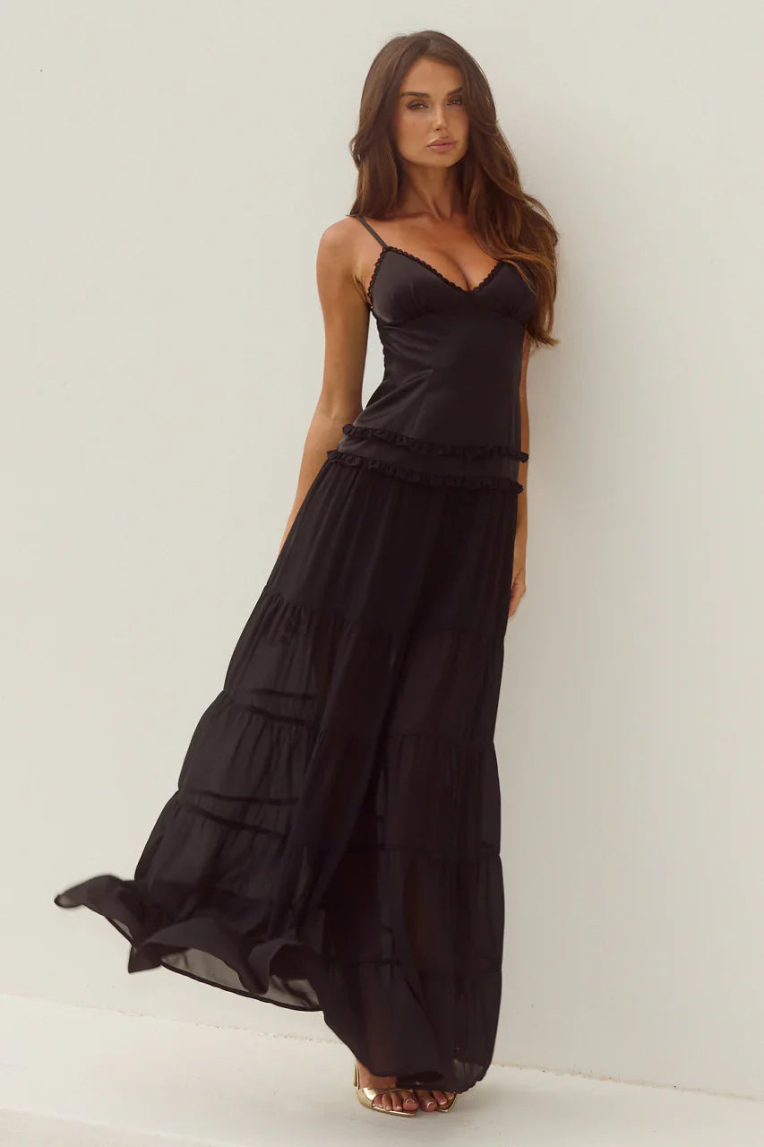 ROSETTA BACKLESS TIERED MAXI DRESS - BLACK