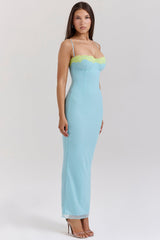 ocean blue contrast lace maxi dress