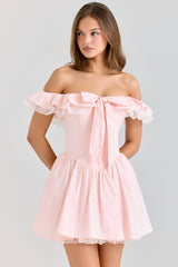 pink stretch cotton off shoulder corset mini dress