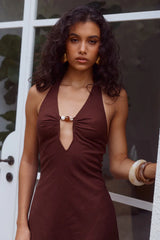 MARTHA HALTER A-LINE MINI DRESS - CHOCOLATE