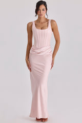 blush pink satin gathered maxi dress