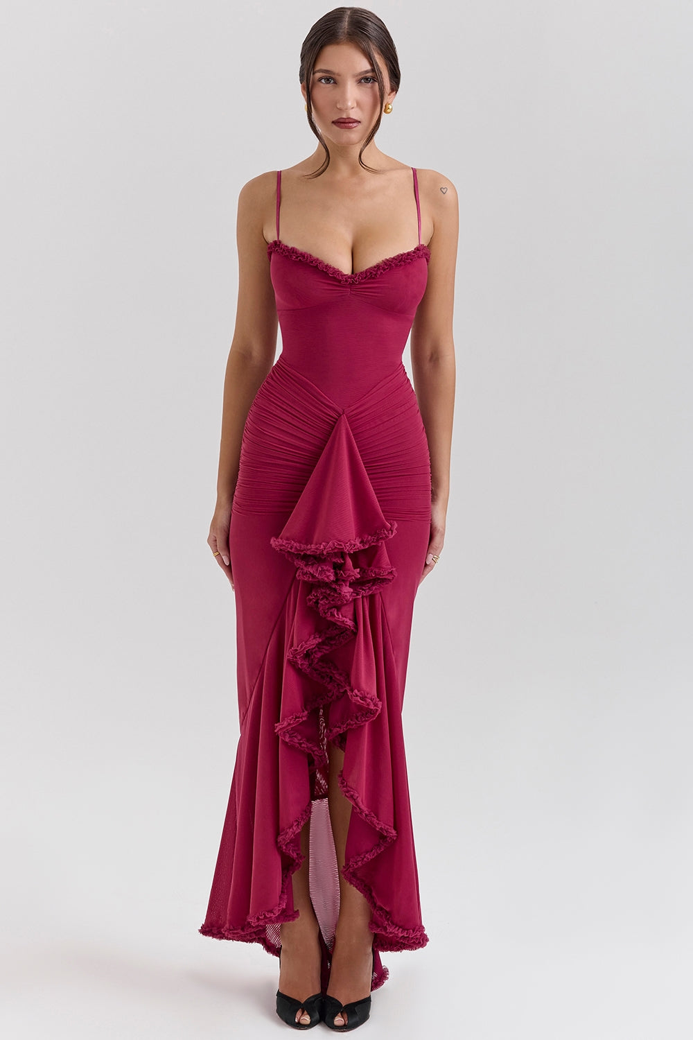 wine ruffled front gown
