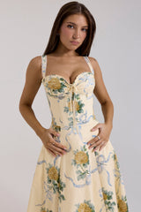 lemon vintage ribbon print cotton midi dress