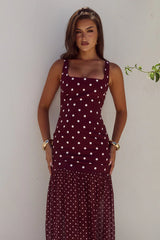 TILLIE SHEER BOTTOM MAXI DRESS - WINE/WHITE POLKA