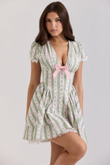 green stripe floral print stretch cotton mini dress