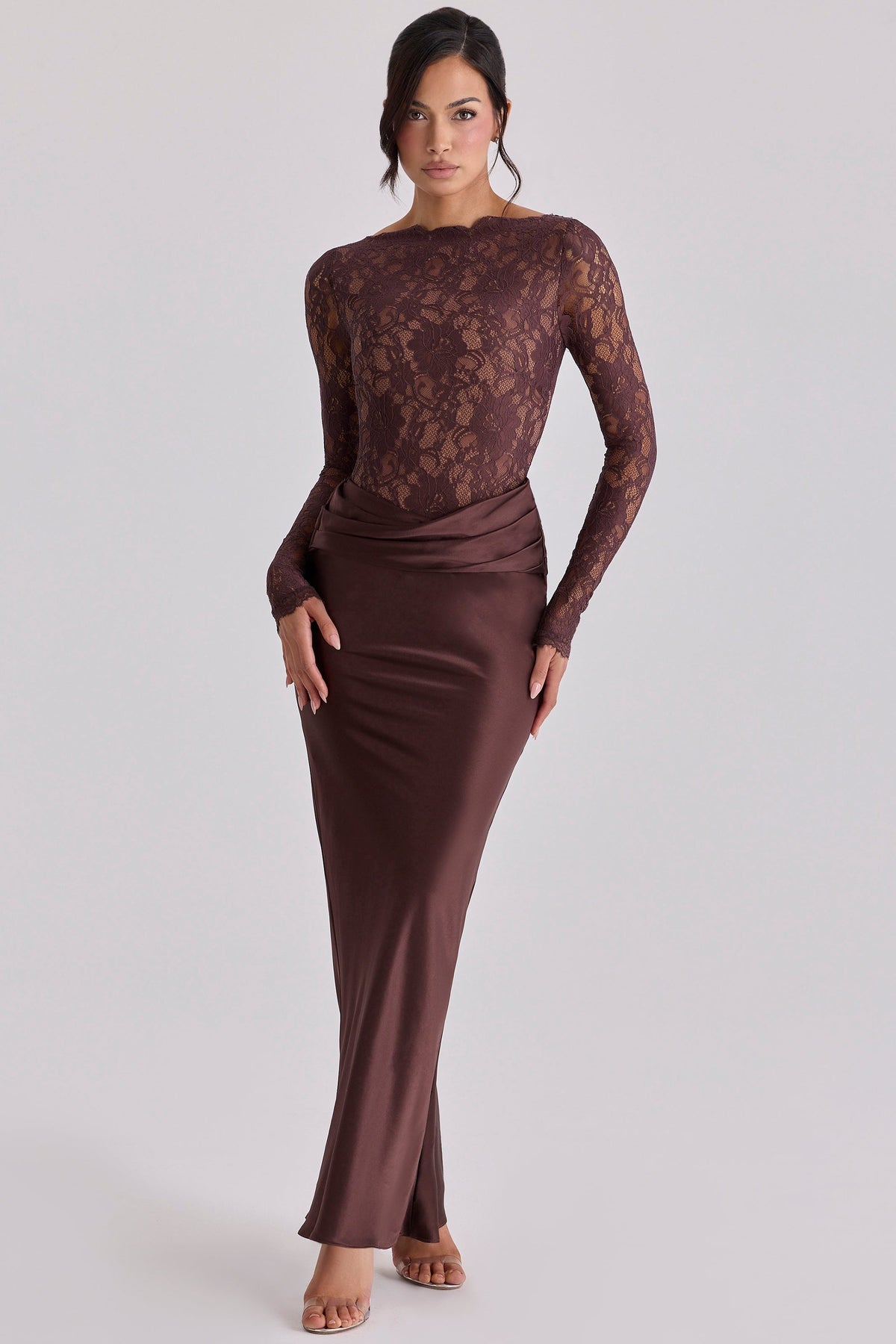 espresso brown lace + satin draped maxi dress