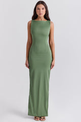 olive boat neck maxi dress