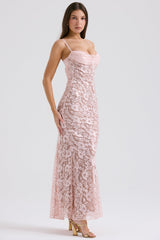 rose pink lace godet gown