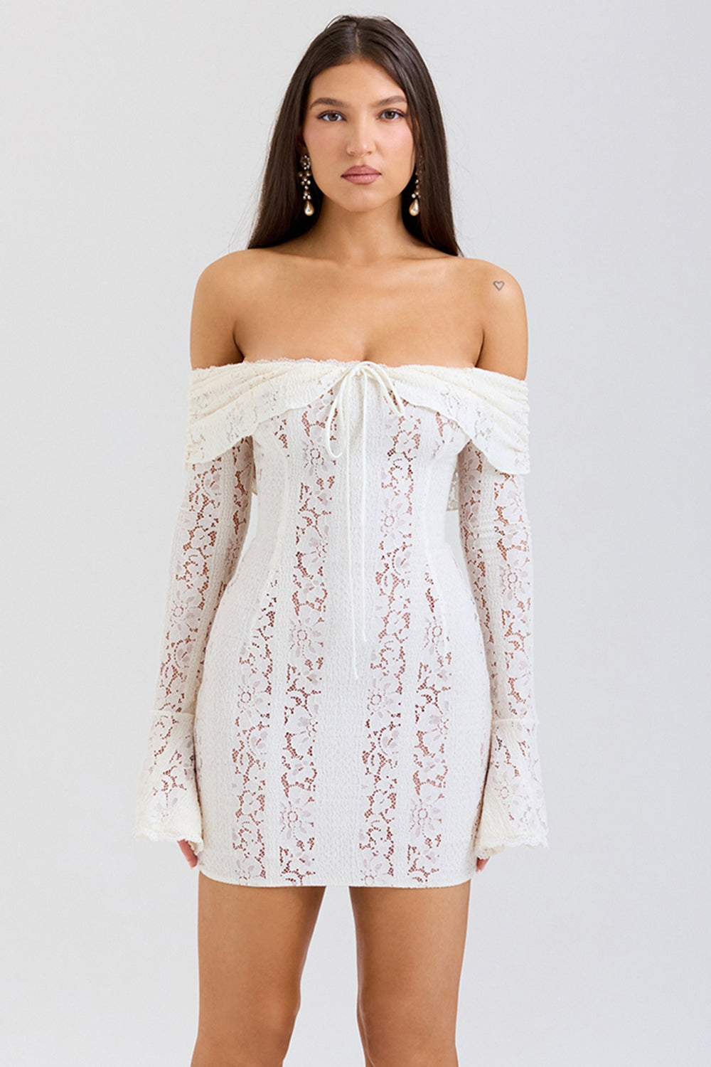 vintage cream floral lace off shoulder mini dress