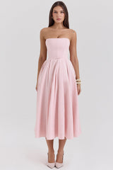 parisian pink strapless corset midi dress