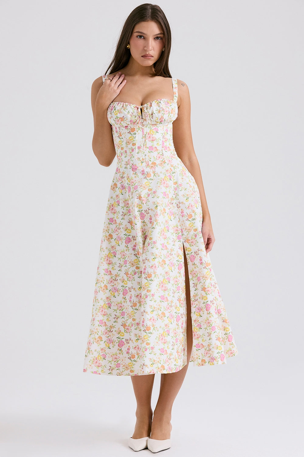 ivory meadow print cotton bustier sundress