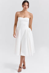 white cotton strapless midi sundress