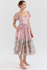 pink floral chiffon midi dress