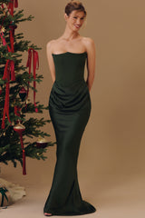 emerald green crepe strapless corset maxi dress