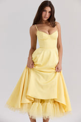 sunshine yellow satin tulle midi dress
