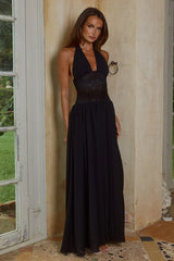 FERNANDA PLUNGE HALTER MAXI DRESS - BLACK