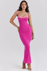 raspberry lace trimmed maxi dress