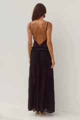 ROSETTA BACKLESS TIERED MAXI DRESS - BLACK