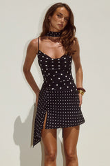 ALORA SCOOP NECK MINI DRESS - BLACK/WHITE POLKA