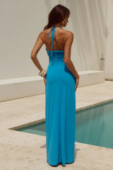 NINA RUCHED HALTER MAXI DRESS - OCEAN