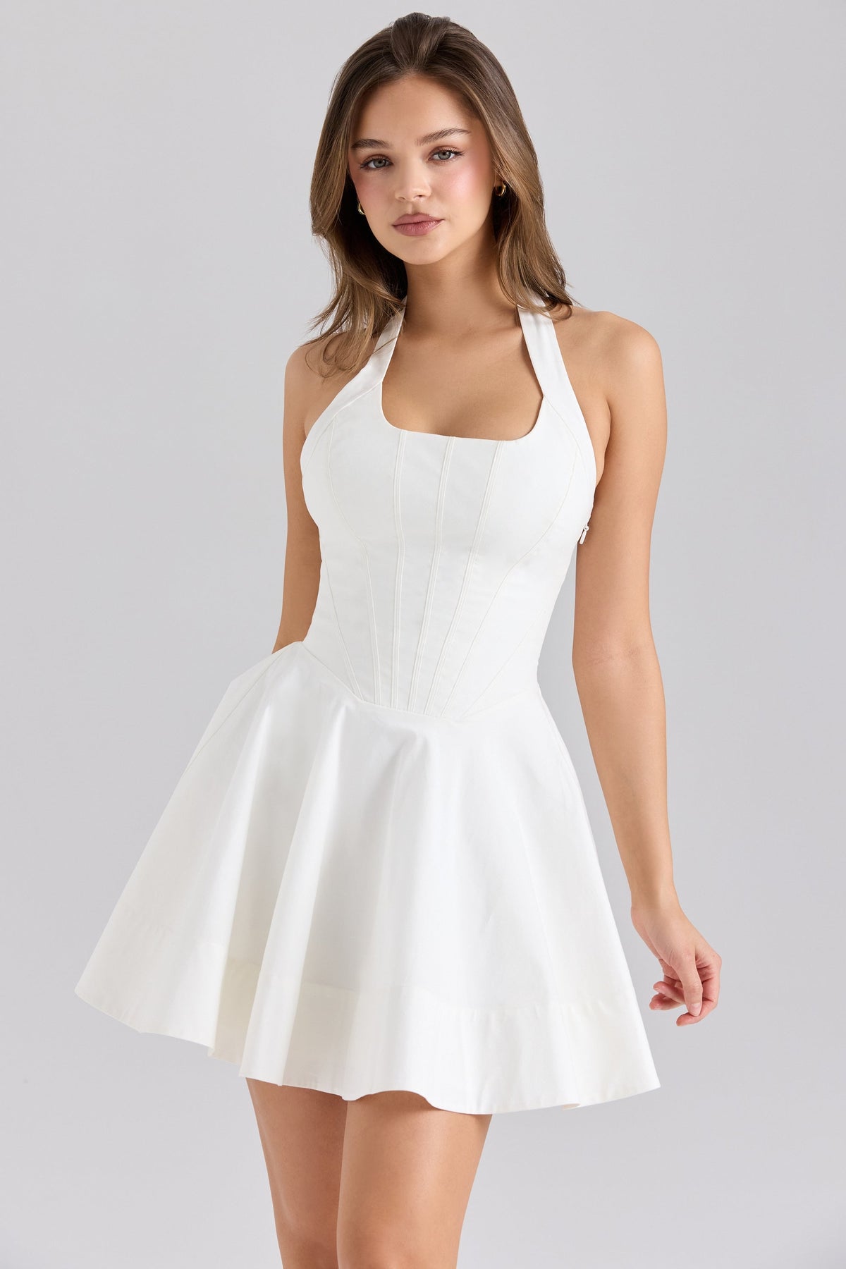 white stretch cotton halter neck mini dress