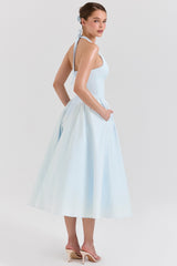 soft blue cotton twill halter midi sundress