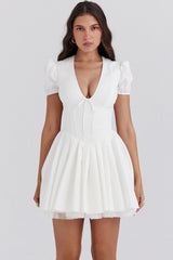 white pleated cotton mini dress
