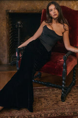 black velvet strapless corset maxi dress