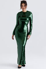 pine green sequin maxi dress