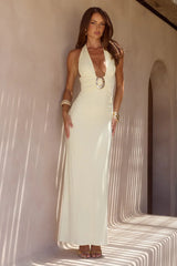 ARINA HALTER V-NECK MAXI DRESS - LEMON
