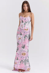 pink floral corset maxi dress