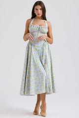 soft blue vintage floral print cotton halter sundress