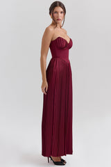 berry pleated satin maxi dress