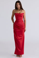 scarlet satin strapless gown