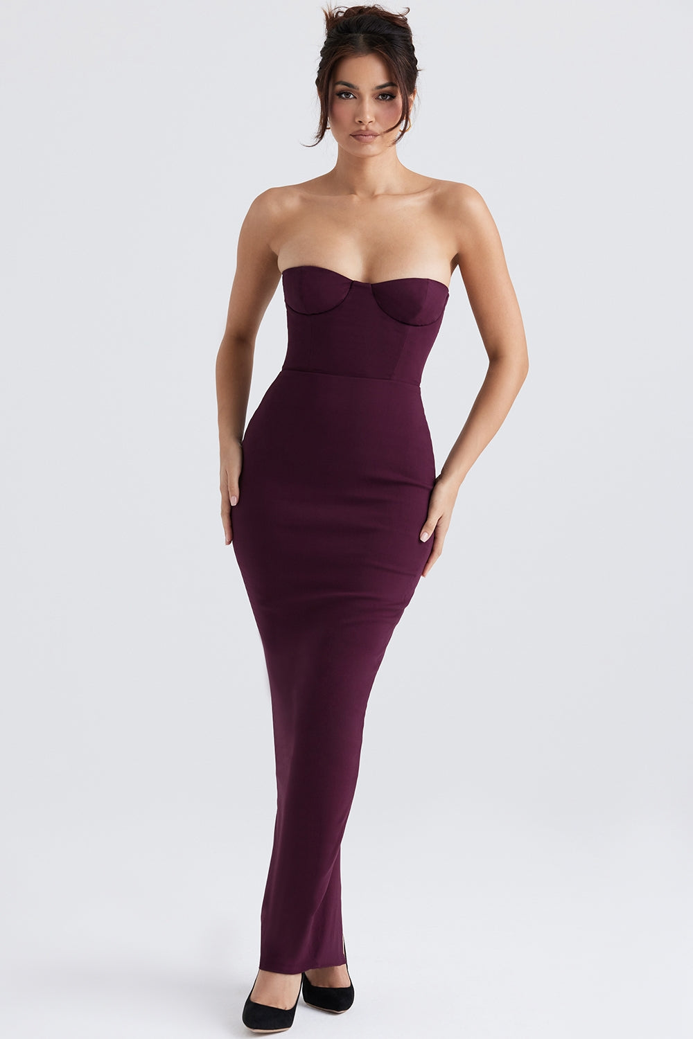 grape strapless corset maxi dress