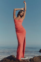 coral embellished hand beaded maxi dress