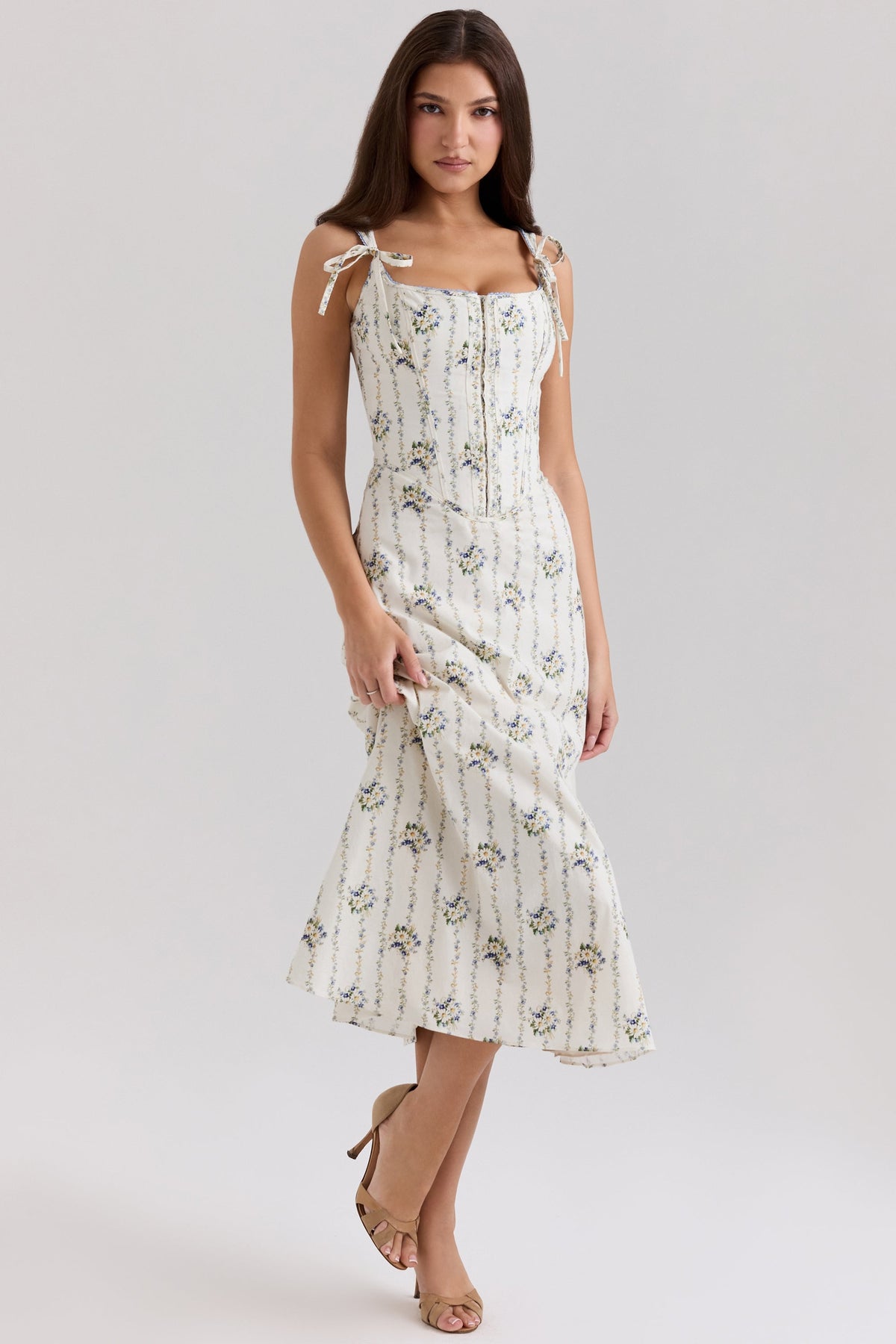 cream daisy print stretch cotton midi dress