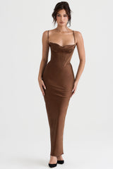 chocolate corset maxi dress