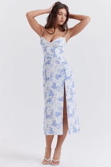 blue print corset midi dress