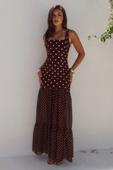 TILLIE SHEER BOTTOM MAXI DRESS - CHOC/LEMON POLKA
